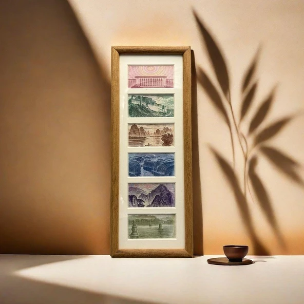 Altılı Ahşap Fotoğraf Çerçevesi - Ceviz Rengi - İki Kutu - 13x32cm - 8