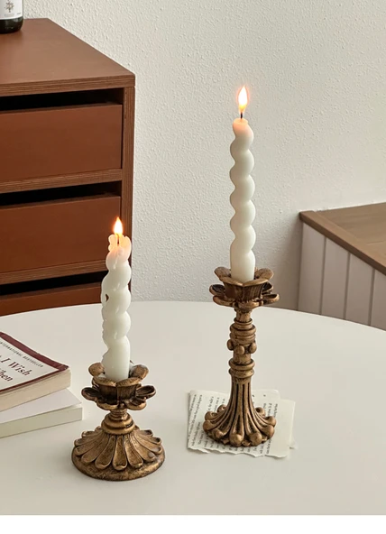 Fransız Retro Eskitme Şamdan - Küçük Şamdan + Orta Şamdan + 2 Mum - 9