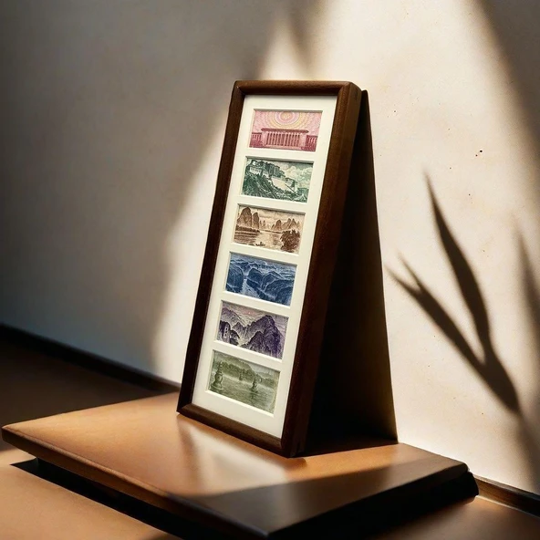 Altılı Ahşap Fotoğraf Çerçevesi - Ceviz Rengi - İki Kutu - 13x32cm - 11