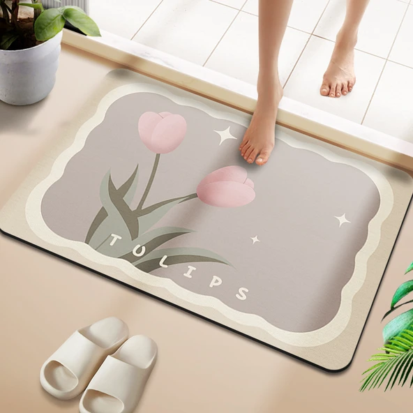 Çizgili Desenli Diatomit Banyo Paspası - 40x60cm Lale Desenli Dikdörtgen
