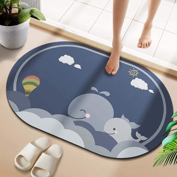 Çizgili Desenli Diatomit Banyo Paspası - 40x60cm Yunuslu Yoyo Oval