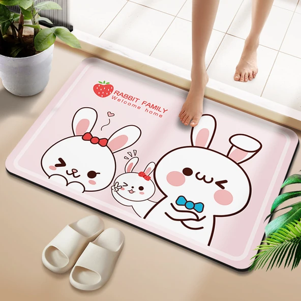 Çizgili Desenli Diatomit Banyo Paspası - 60x90cm Tavşan Ailesi Dikdörtgen