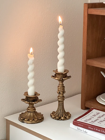 Fransız Retro Eskitme Şamdan - Mat Spiral Mum Kahverengi 2 Adet - 5