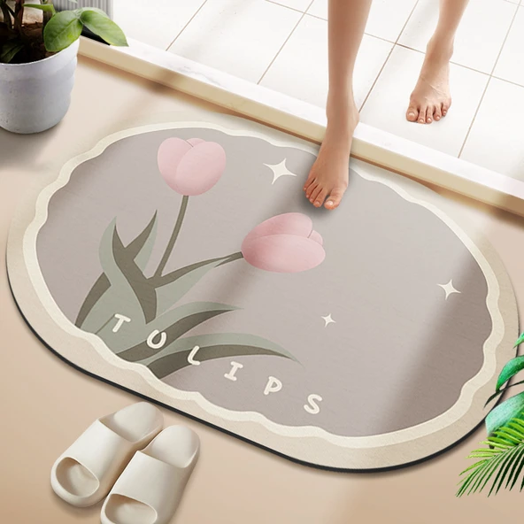 Çizgili Desenli Diatomit Banyo Paspası - 40x60cm Lale Desenli Oval
