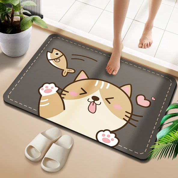 Çizgili Desenli Diatomit Banyo Paspası - 60x90cm Balık Yakalayan Kedi Dikdörtgen
