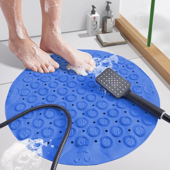 Yuvarlak Kaymaz PVC Banyo Halısı - 53x53cm - Koyu Mavi