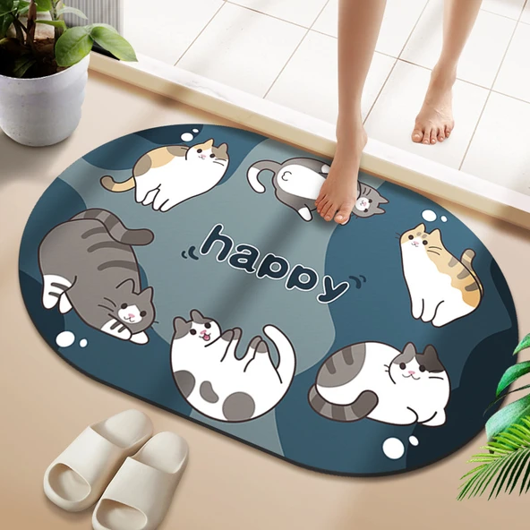 Çizgili Desenli Diatomit Banyo Paspası - 50x80cm Miyav Çizgili Oval