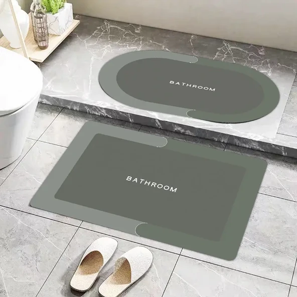 Kaymaz Diatomit Kauçuk Banyo Mutfak Paspası - 40x60cm - Koyu Yeşil Kare