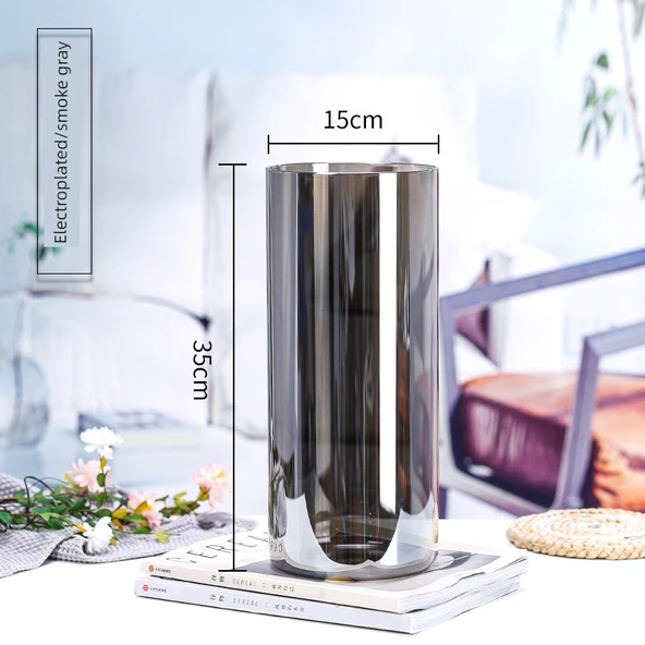 Silindir Cam Çiçek Kovası Vazo - 15 x 35cm - Füme Gri