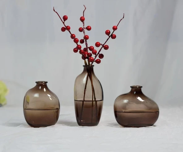 Mini Hidroponik Cam Vazo - Zen Amber Üçlü Set