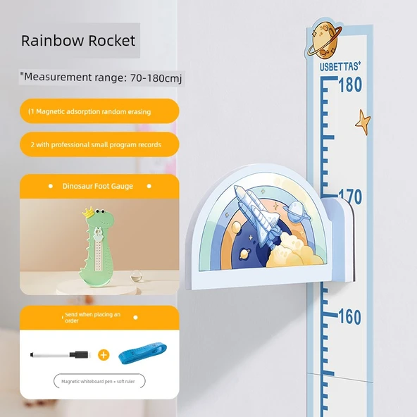 Manyetik Bebek Boy Ölçer Duvar Sticker - Gökkuşağı Roket + Dinozor Ayak Ölçüsü