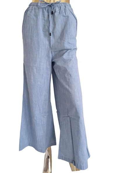 MASSİMO DUTTİ  MASSİ DTT RAHAT İSPANYOL PAÇA BELİ LASTİKLİ BAĞLAMA KOT GÖRÜNÜM CASUAL AÇIK MAVİ BOL PANTOLON<b>