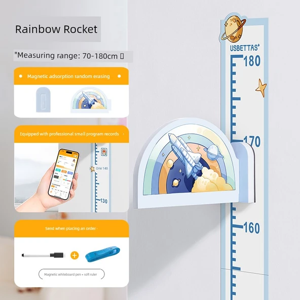 Manyetik Bebek Boy Ölçer Duvar Sticker - Gökkuşağı Roket