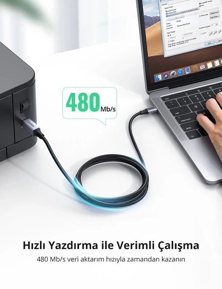 UGREEN 80802 US369 USB-A to USB-B 2.0 Örgülü Yazıcı Kablosu 1.5metre - 3