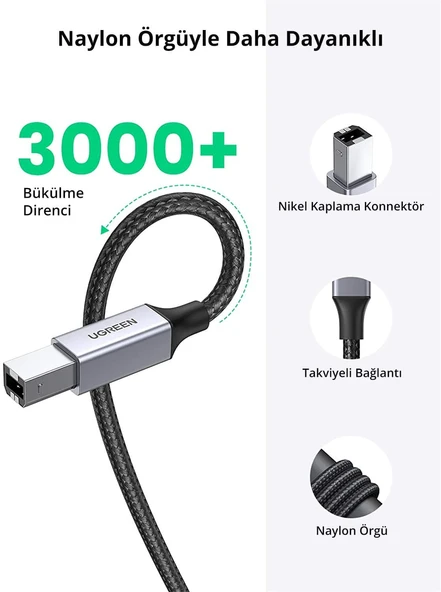 UGREEN 80802 US369 USB-A to USB-B 2.0 Örgülü Yazıcı Kablosu 1.5metre - 4