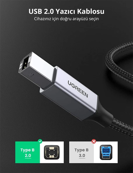 UGREEN 80802 US369 USB-A to USB-B 2.0 Örgülü Yazıcı Kablosu 1.5metre - 2