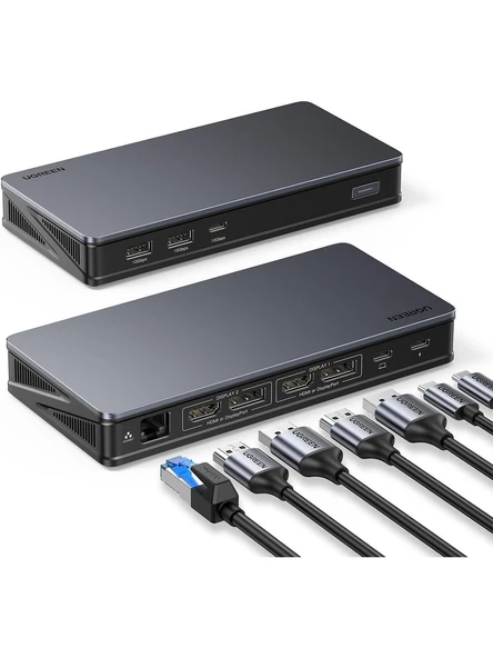 UGREEN 90912 CM615 9 in 1 Arada 2*HDMI 2*DisplayPort USB-A 3.2 Gen2 Type-C 100W Ethernet Dönüştürücü