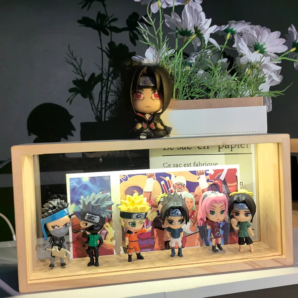 Naruto El Yapımı Oyuncak Gece Lambası - A Huoying + Oturan Kokarca + Işıklı Ahşap Çerçeve + Hediye Çantası
