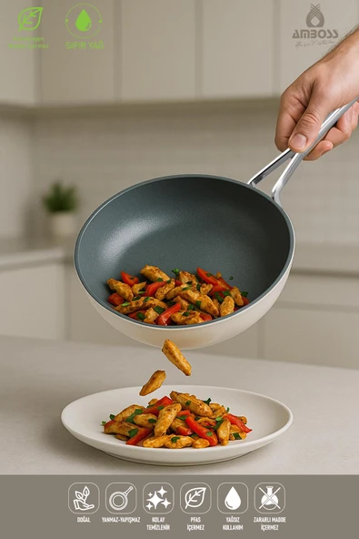 Sera Nova Yanmaz Yapışmaz Seramik Wok Tava 28 cm – Beyaz