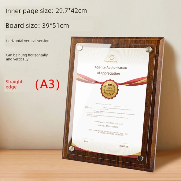Ahşap Plaket Madalya Sertifika Çerçevesi A3 Düz Kenar ve Baskılı İç Sayfa