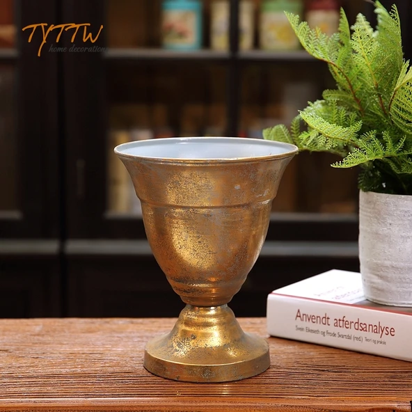 Retro Avrupa Tarzı Çiçek Saksısı Kadeh Vazo - Klasik Altın 22.5cm