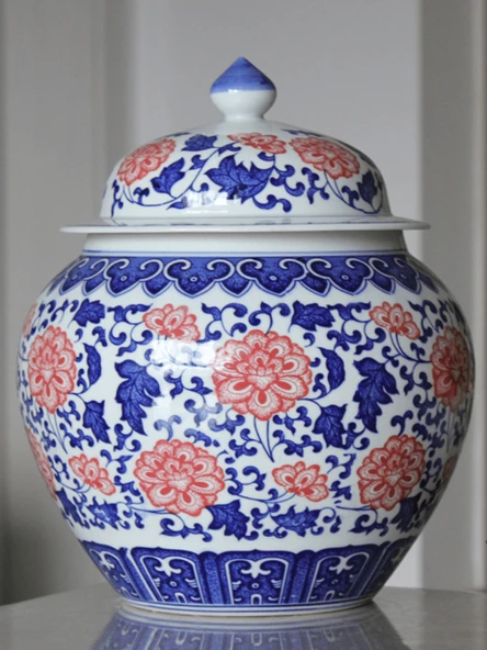 Antika Mavi Beyaz Porselen Çay Saklama Kavanozu - Büyük Dal Desenli (33cm) - 3