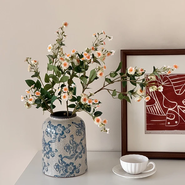 Jingdezhen Buz Çatlağı Mavi Beyaz Porselen Vazo - 3/Şampanya Küçük Gül + (Güçlü Kavanoz) Küçük Boy
