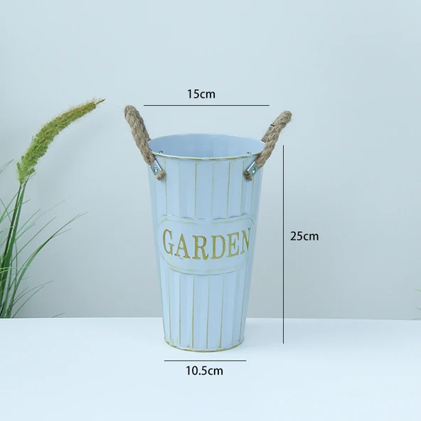 Retro Mavi Jüt Halatlı Demir Çiçek Kovası - 25cm
