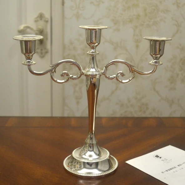 Gümüş Kaplama Modern Şamdan - Üçlü - Bronz - 3