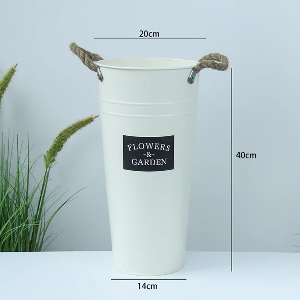Pirinç Beyazı ve Siyah Etiketli Jüt Halatlı Demir Çiçek Kovası - 40cm