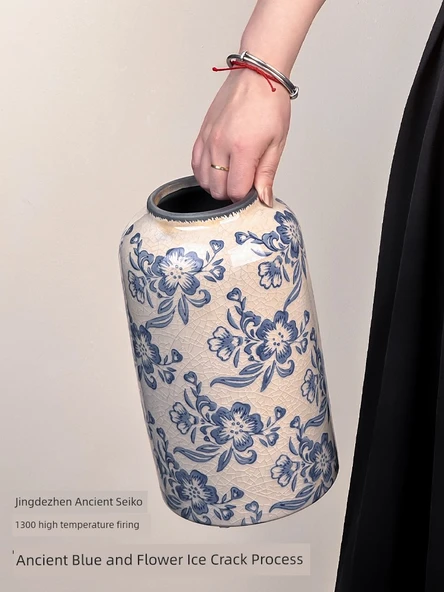 Jingdezhen Buz Çatlağı Mavi Beyaz Porselen Vazo - Mürekkep Boyalı Azure/Matara - 4