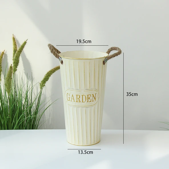 Retro Beyaz Jüt Halatlı Demir Çiçek Kovası - 35cm