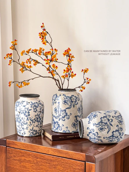 Jingdezhen Buz Çatlağı Mavi Beyaz Porselen Vazo - 3/Şampanya Küçük Gül + (Güçlü Kavanoz) Küçük Boy - 6