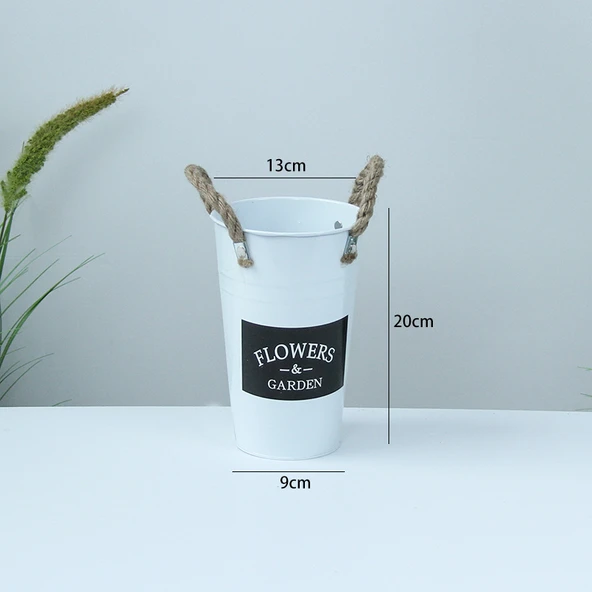 Beyaz Siyah Etiketli Jüt Halatlı Demir Çiçek Kovası - 20cm