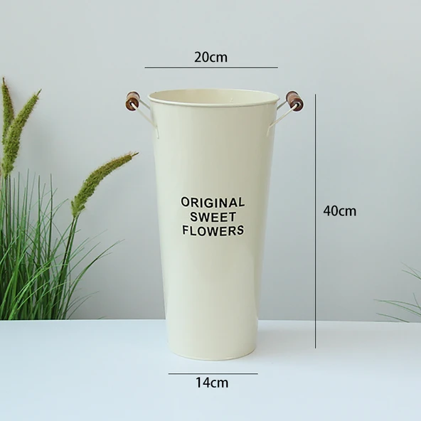 Bej Ahşap Demir Çiçek Kovası - 40cm