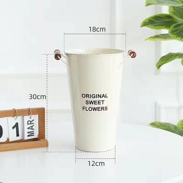 İskandinav Demir Çiçek Kovası Vazo - Krem Beyaz Ahşap Fıçı 30cm