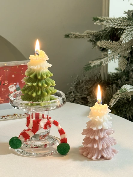 Retro Noel Mumluk - Zeytin Yeşili + Morandi Tozu Noel Ağacı Mum + Küçük Boy Mumluk (Ponpon Atkı Hediyeli)