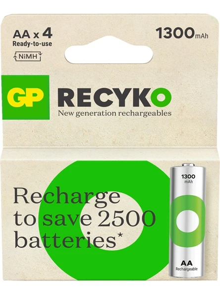 GP ReCyko 1300 AA Kalem Ni-Mh Şarjlı Pil, 1.2 Volt, 4'lü Kart ürün görseli 1