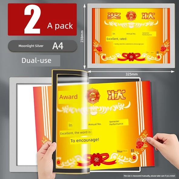 A4 Manyetik Sertifika Çerçevesi - Gümüş - 2 Adet (Yatay/Dikey)