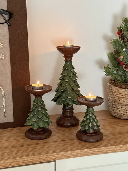 Retro Noel Mumluk - Zeytin Yeşili + Morandi Tozu Noel Ağacı Mum + Küçük Boy Mumluk (Ponpon Atkı Hediyeli) - 3