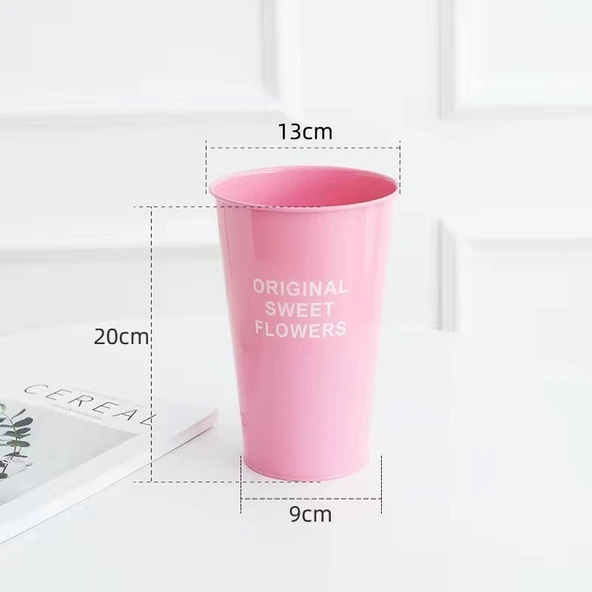 İskandinav Demir Çiçek Kovası Vazo - Pembe Kulpsuz 20cm