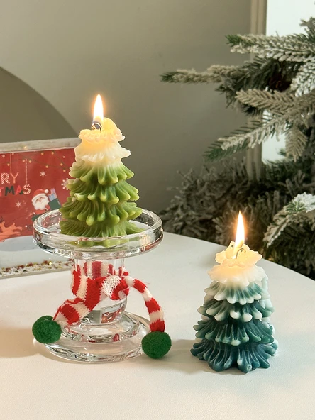 Retro Noel Mumluk - Zeytin Yeşili + Yeşil Noel Ağacı Mum + Küçük Boy Mumluk (Ponpon Atkı Hediyeli)