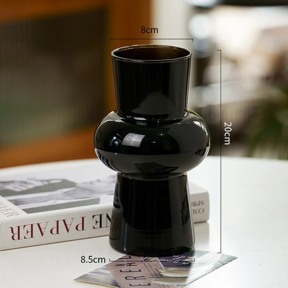 İskandinav Asimetrik Cam Vazo - 18cm - Siyah Fener