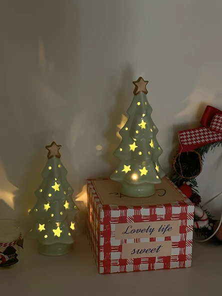 Retro Noel Mumluk - Seramik Yıldız Noel Ağacı Gece Lambası (2 Adet)