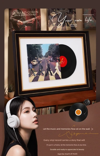 Gramofon Kayıt Saklama Fotoğraf Çerçevesi - Masif Ahşap Çam Siyah - 54x74cm - Model 2 - 8