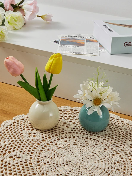 Seramik Vazo - Göl Mavisi Vazo - Sarı ve Beyaz Kurutulmuş Çiçekli - 5
