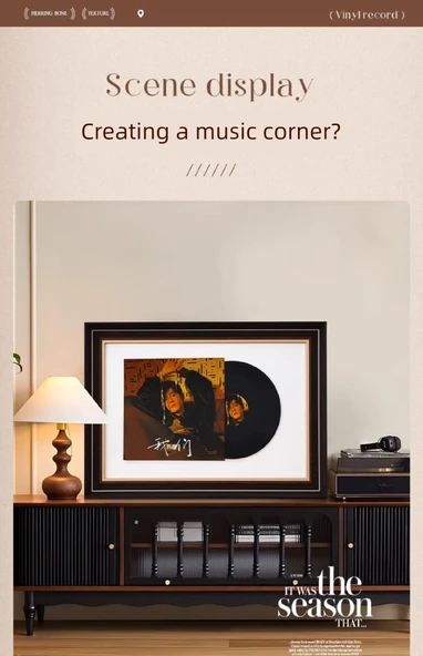 Gramofon Kayıt Saklama Fotoğraf Çerçevesi - Masif Ahşap Çam Siyah - 54x74cm - Model 2 - 10