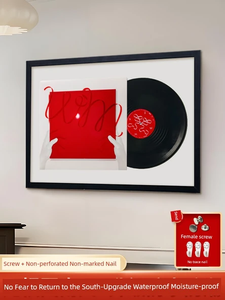 Gramofon Kayıt Saklama Fotoğraf Çerçevesi - Masif Ahşap Çam Siyah - 54x74cm - Model 2 - 3