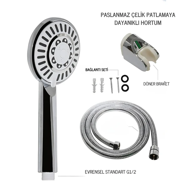 DESIPHON 5 Fonksiyonllu Günebakan Duş Seti Hortum Mafsal Ve Başlık Set Full takım