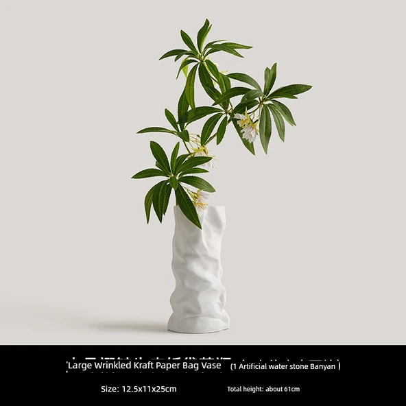 Seramik Vazo - Büyük Boy - Büzgülü - Beyaz + Yapay Ficus
